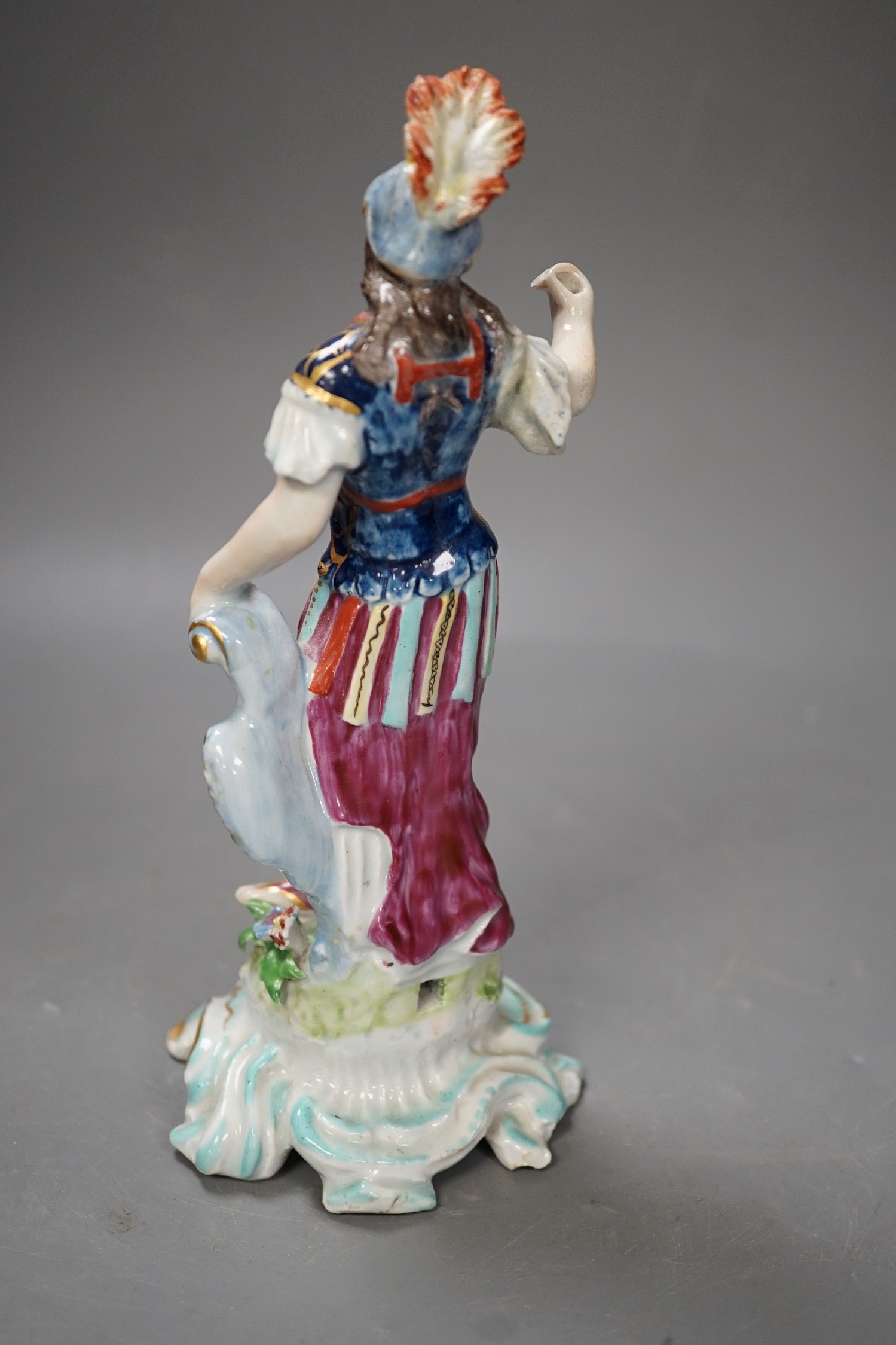 An 18th century Bow porcelain figure of Minerva, iron red dagger and anchor mark, 21cm tall